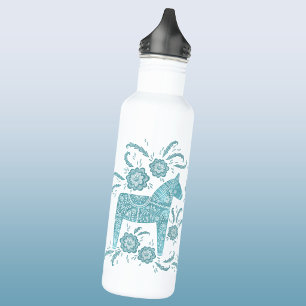 Swedish Dala Horse Teal Green and White Stainless Steel Water Bottle
