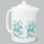 Swedish Dala Horse Teal Green and White Teapot<br><div class="desc">A traditional Swedish Dala Horse design in teal green and white. Perfect for the winter holidays,  or for horse and pony lovers.</div>