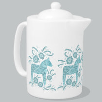 Swedish Dala Horse Teal Green and White Teapot