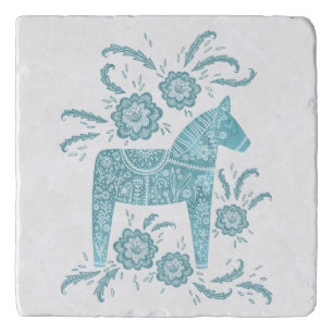 Swedish Dala Horse Teal Green and White Trivet