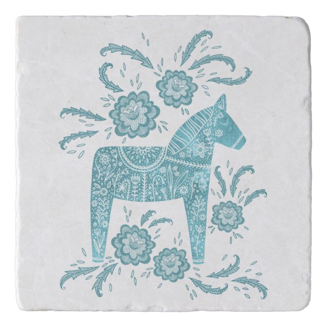 Swedish Dala Horse Teal Green and White Trivet (Front)