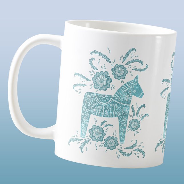 Swedish Dala Horse Teal Green Coffee Mug (Swedish Dala Horse folk art coffee mug)