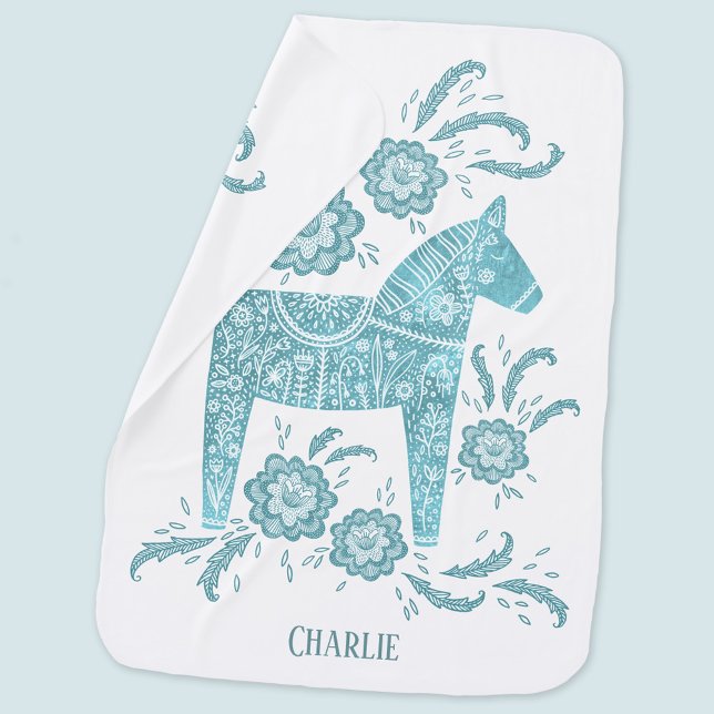 Swedish Dala Horse Teal Green Custom Name Baby Blanket (Creator Uploaded)