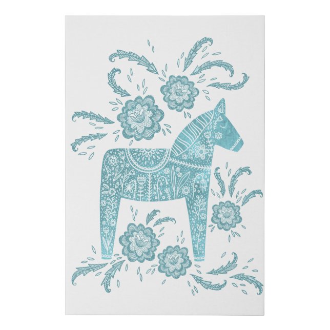 Swedish Dala Horse Teal Green Folk Art Faux Canvas Print (Front)