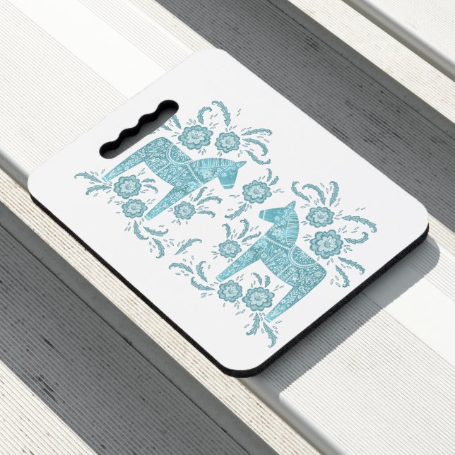 Swedish Dala Horse Teal Green Folk Art Seat Cushion (In Situ)