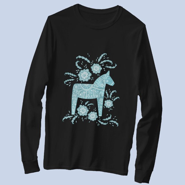 Swedish Dala Horse Teal Green Viking T-Shirt (Swedish Dala Horse long sleeved t-shirt)