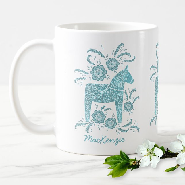 Swedish Dala Horse Teal Personalized Coffee Mug (Creator Uploaded)