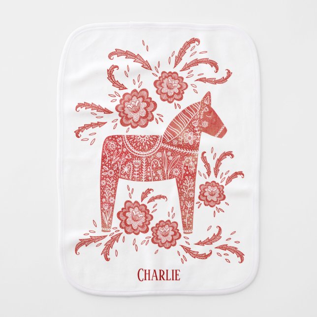 Swedish Dala Horse Traditional Custom Name Baby Burp Cloth (Front)