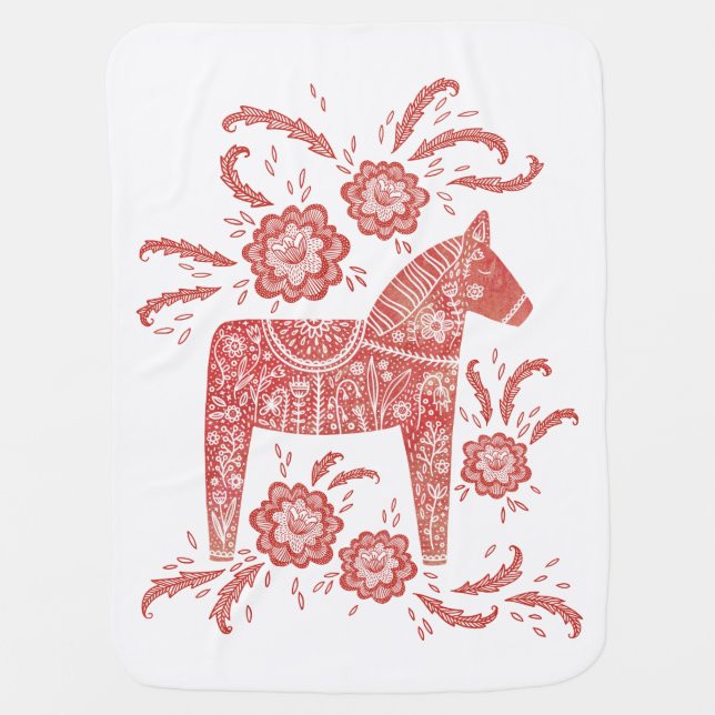 Swedish Dala Horse Traditional Folk Art Baby Blanket (Front)