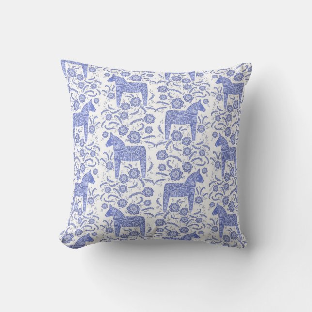 Swedish Dala Horse Traditional Folk Art Blue Throw Pillow (Front)