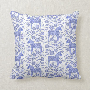 Swedish Dala Horse Traditional Folk Art Blue Throw Pillow