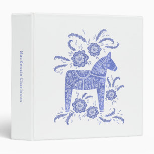 Swedish Dala Horse Traditional Folk Art Blue White 3 Ring Binder