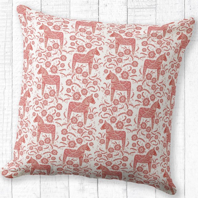 Swedish Dala Horse Traditional Folk Art Pattern Throw Pillow (Swedish Dala Horse folk art red and white throw pillow)