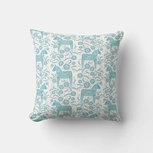 Swedish Dala Horse Traditional Folk Art Teal Green Throw Pillow (Front)