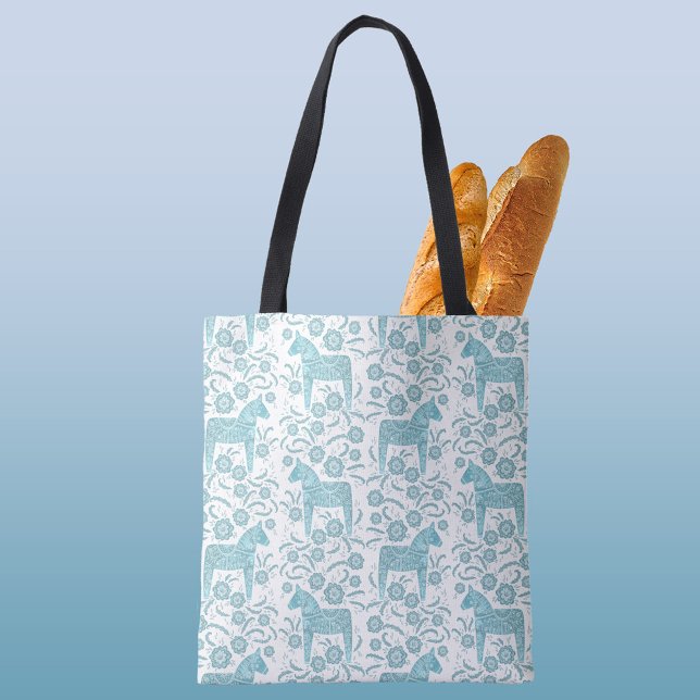 Swedish Dala Horse Traditional Folk Art Teal Green Tote Bag (Swedish Dala Horse folk art teal green and white pattern tote bag)