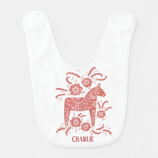 Swedish Dala Horse Traditional Personalized Baby Bib (Front)