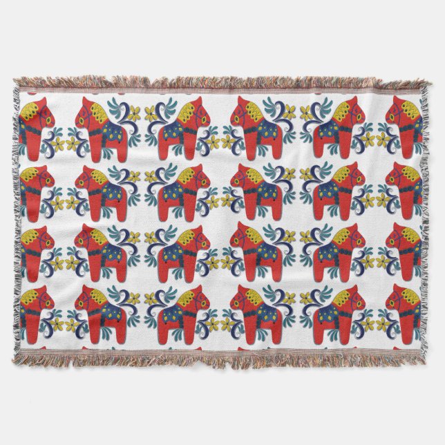 Swedish Dala Horse Twins with Rosemaling Throw Blanket (Front)