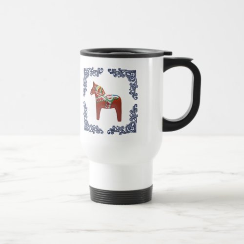 Swedish Dala Horse with Blue Delft Scroll Frame Travel Mug