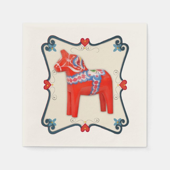 Swedish Dala Horse with Heart Scallop Frame Paper Napkins (Front)