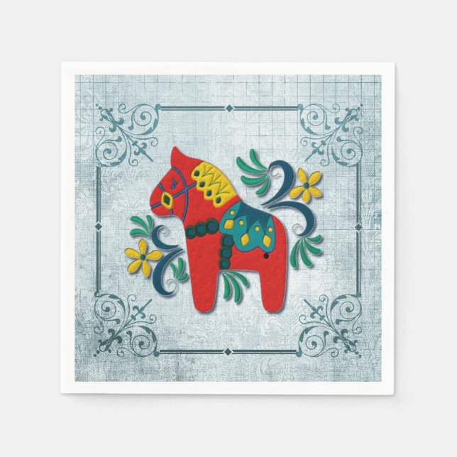 Swedish Dala Horse with Norwegian Rosemaling Paper Napkins (Front)