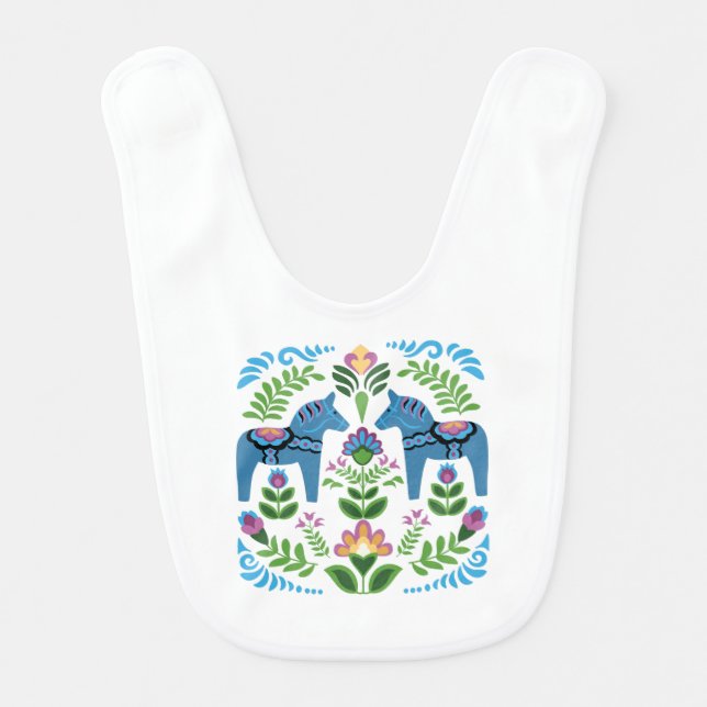 Swedish Dala Horses Blue Baby Bib (Front)