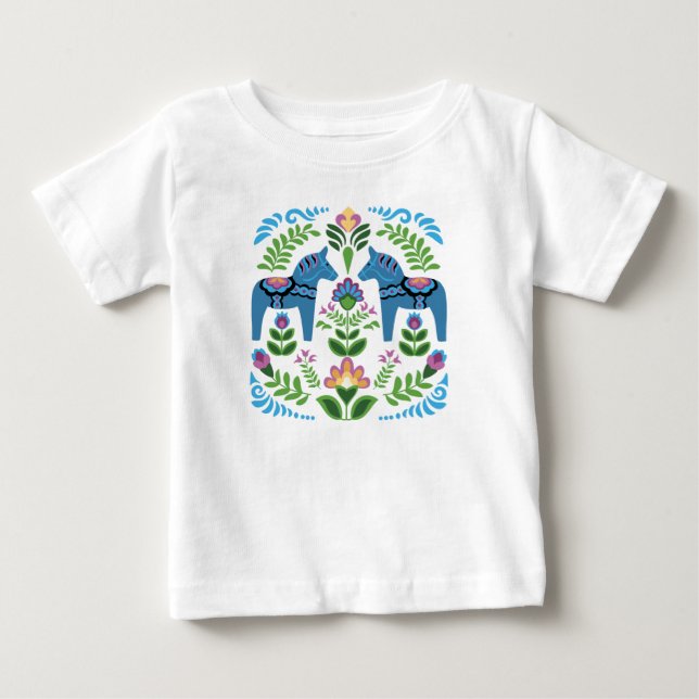 Swedish Dala Horses Blue Baby T-Shirt (Front)