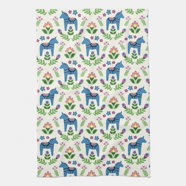Swedish Dala Horses Blue Kitchen Towel (Vertical)