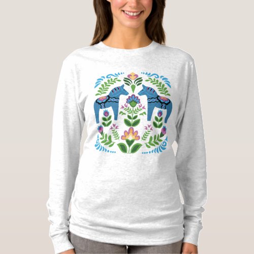 Swedish Dala Horses Blue T_Shirt