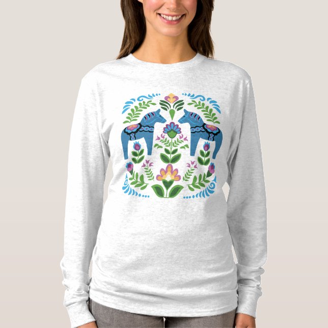 Swedish Dala Horses Blue T-Shirt (Front)
