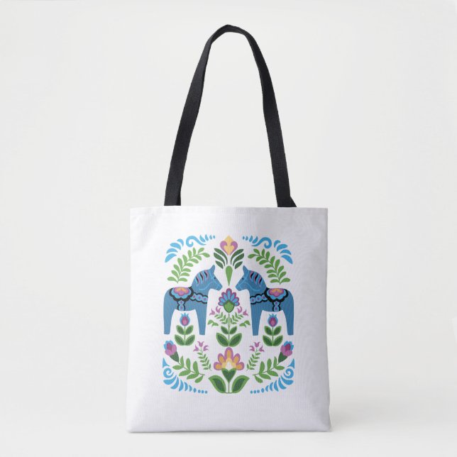 Swedish Dala Horses Blue Tote Bag (Front)