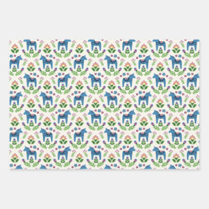 Swedish Dala Horses Blue Wrapping Paper Sheets