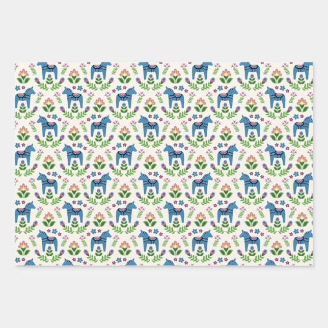 Swedish Dala Horses Blue Wrapping Paper Sheets (Front)