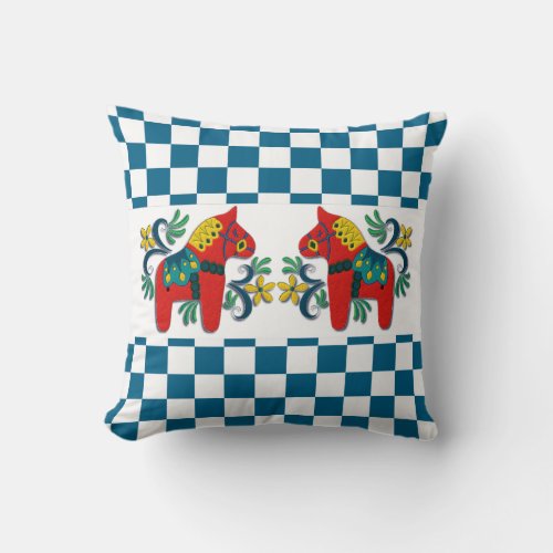 Swedish Dala Horses on Checkerboard Pattern Throw Pillow