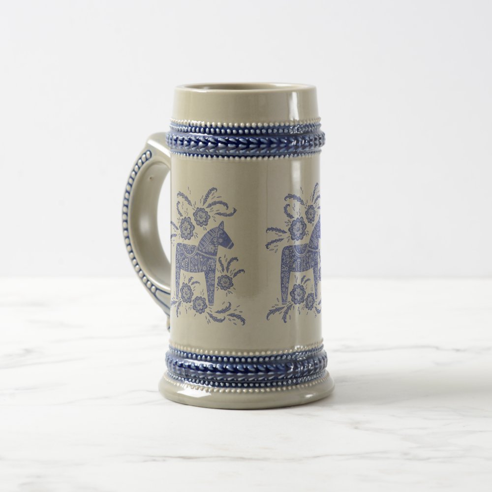 Disover Swedish Dala Horses Periwinkle Blue and White Beer Stein