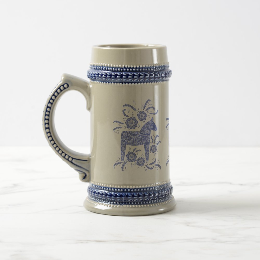 Disover Swedish Dala Horses Periwinkle Blue and White Beer Stein