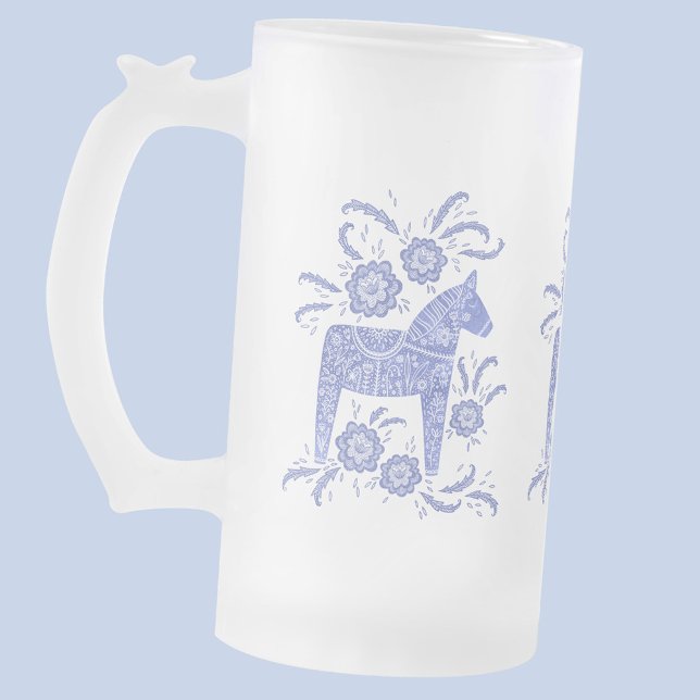 Swedish Dala Horses Periwinkle Blue and White Frosted Glass Beer Mug (Swedish Dala Horse blue and white traditional folk art frosted glass beer mug)