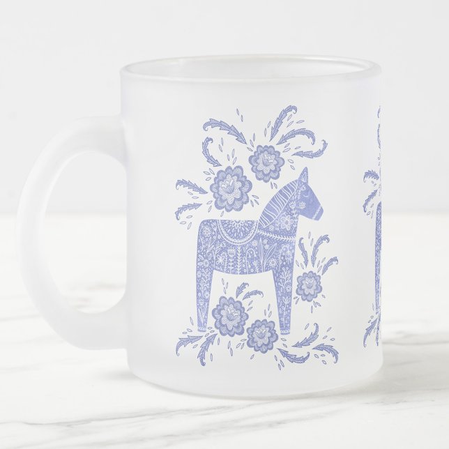 Swedish Dala Horses Periwinkle Blue and White Frosted Glass Coffee Mug (Swedish Dala Horse blue and white)