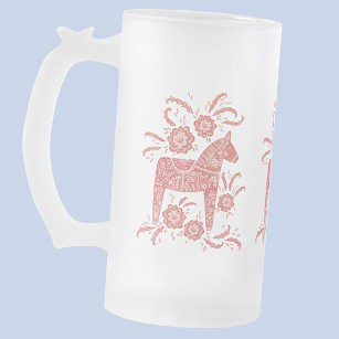 Swedish Dala Horses Red and White Frosted Glass Beer Mug