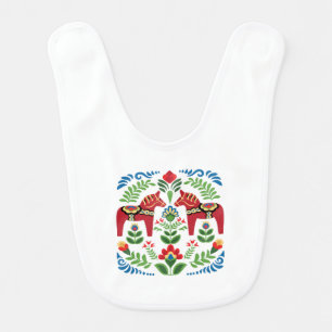 Swedish Dala Horses Red Baby Bib