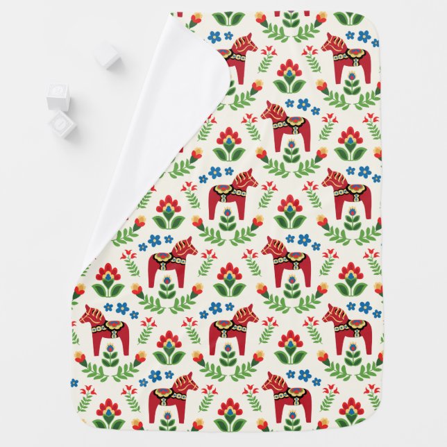 Swedish Dala Horses Red Baby Blanket (In Situ)