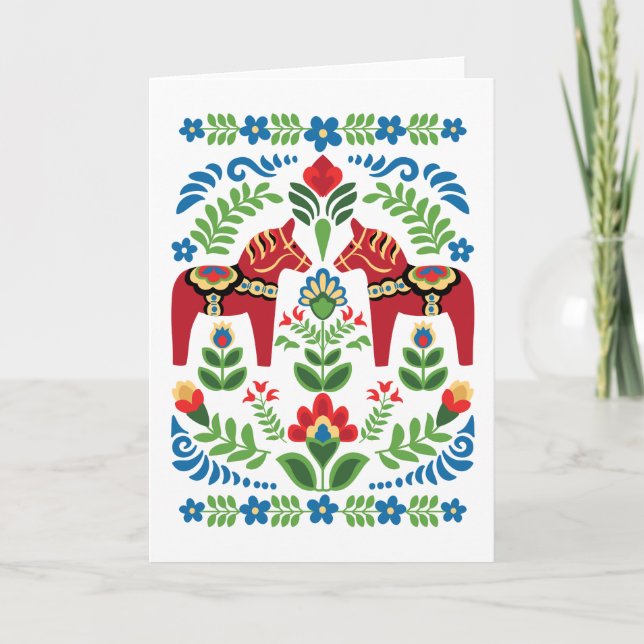Swedish Dala Horses Red Greeting Card (Front)