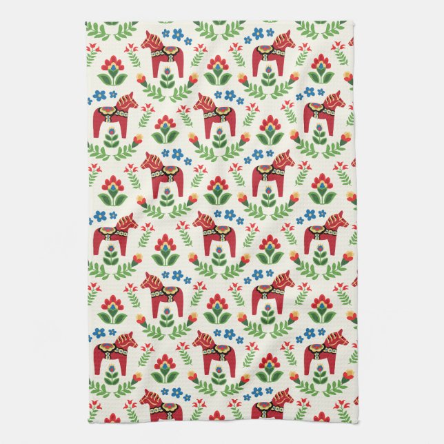 Swedish Dala Horses Red Kitchen Towel (Vertical)