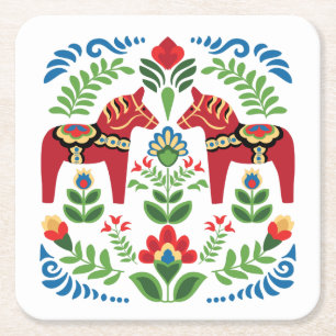 Swedish Dala Horses Red Square Paper Coaster