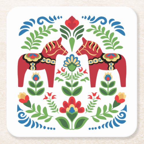 Swedish Dala Horses Red Square Paper Coaster