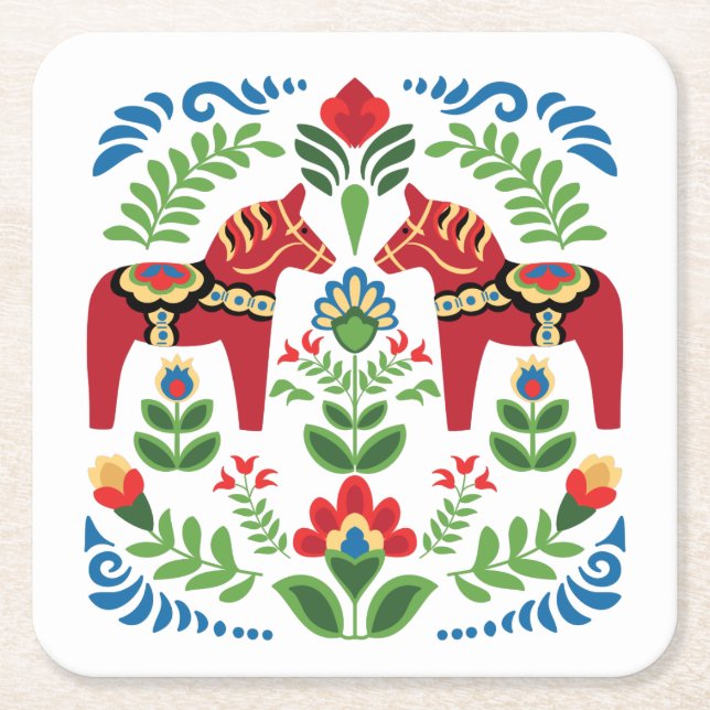 Swedish Dala Horses Red Square Paper Coaster (Front)