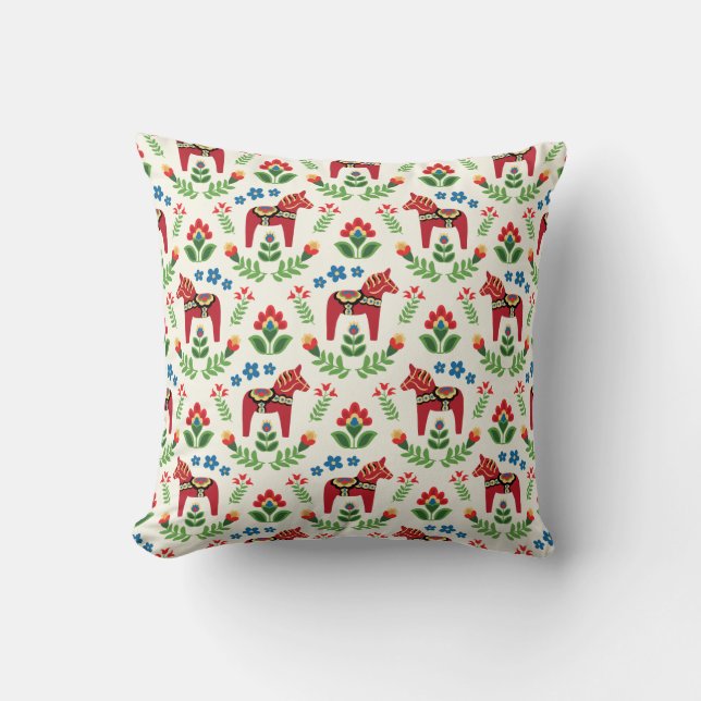 Swedish Dala Horses Red Throw Pillow (Front)