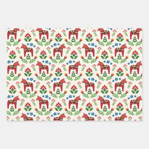 Swedish Dala Horses Red Wrapping Paper Sheets