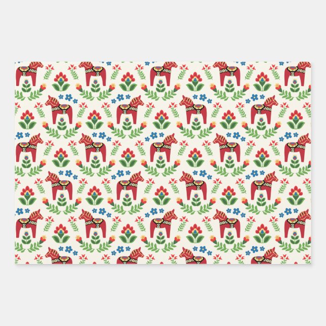 Swedish Dala Horses Red Wrapping Paper Sheets (Front)