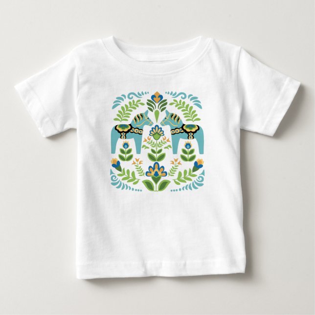 Swedish Dala Horses Teal Baby T-Shirt (Front)