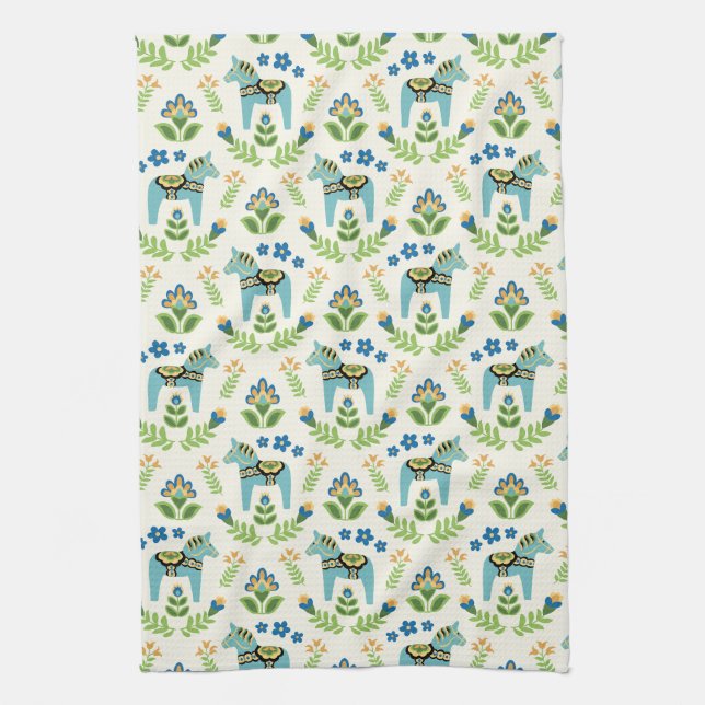 Swedish Dala Horses Teal Kitchen Towel (Vertical)